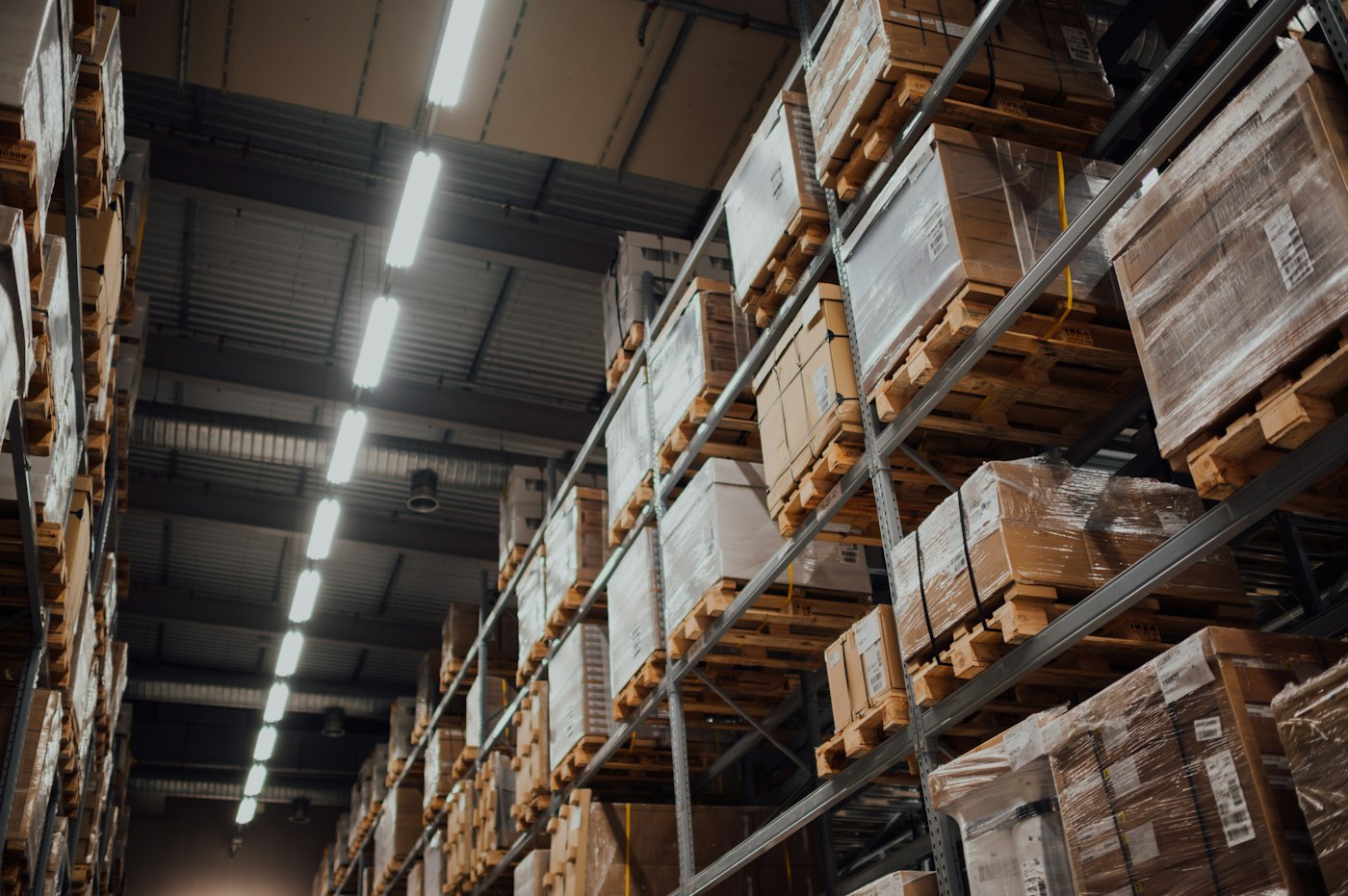 Racked freight in a distribution warehouse